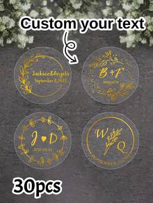 30-240Pcs Personalized Wedding Favor Stickers, Custom Wedding Transparent Gold Foil Sticker, Customized Party Favor Stickers, Customizable Bridal Shower Labels, Treat Bag Stickers, Wedding Party Self-Adhesive Stickers, Party Bag Labels - Style a - View 1