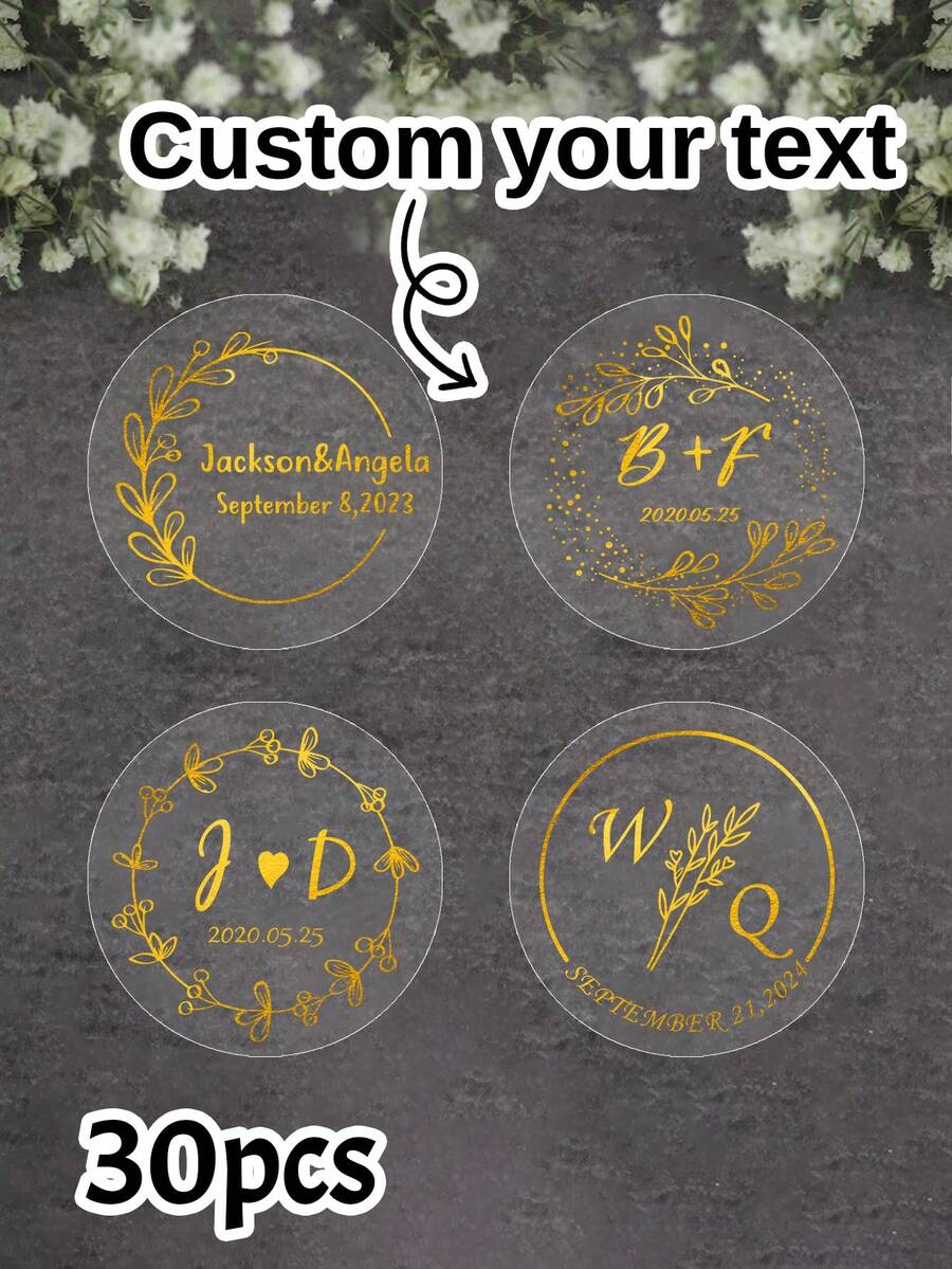 30-240Pcs Personalized Wedding Favor Stickers, Custom Wedding Transparent Gold Foil Sticker, Customized Party Favor Stickers, Customizable Bridal Shower Labels, Treat Bag Stickers, Wedding Party Self-Adhesive Stickers, Party Bag Labels - Style a - View 1