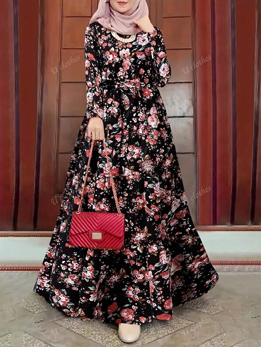 Abbigliamento primaverile ed estivo da donna, con stampa di rose, collo rotondo, maniche lunghe, cintura staccabile, taglio ampio, modesto