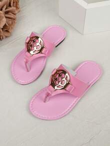 儿童时尚拖鞋，夏季新款金属扣装饰，户外耐磨防滑拖鞋，多功能沙滩拖鞋 - 粉色 - 查看 1