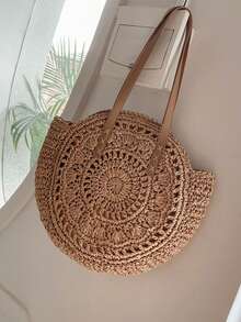 Bolso tejido clásico, bolso de playa redondo para mujer, bolso de paja para mujer, bolso bandolera, bolso de mano para mujer, esencial de playa, artículos de playa, equipo de playa y - Blanco - Ver 13