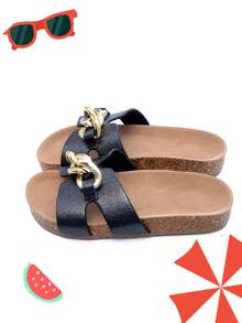 Kids Fashion Slip-On Sandals, Flat Casual Beach Slippers, Square Toe Rivet Stylish Slip-On Sandals With -Style Soles, Suitable For Everyday Wear - Black - View 2