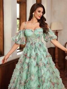 Kexmon 优雅露肩袖浪漫花卉网眼礼服飘逸舞会礼服非常适合正式场合和晚会舞会婚礼宾客礼服适合毕业晚宴、派对礼服 - 湖綠色 - 查看 4