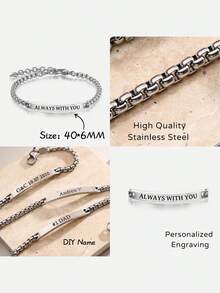 Customized Men's Engraved Stainless Steel Bracelet, 19+5cm Personalized Name Bracelet, Boyfriend Unique Name Gift, Customized Couple Name Bracelet, Unisex Laser Engraved Name Bracelet, Curved Beads Chain Bracelet, Father's Day Personalized Name Gift, Dad Bracelet - Black - View 5
