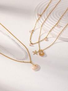 4 Pcs Faux Pearl Starfish Conch Shell Decor Summer Beach Vocation Layering Necklaces Set For Women