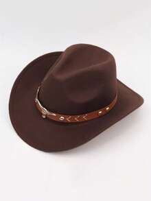 1 Men's Polyester Western Cowboy Hat, Unisex Vintage Style Hat, Bull Shape Decoration, Suitable For Daily Casual Wear, Western Cowboy Party, Bar Cowboy (One Size Fits All)