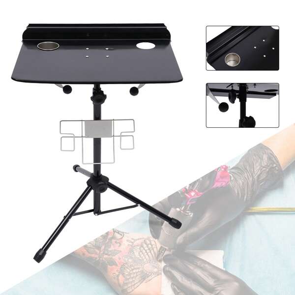 Table de tatouage Station de travail pour tatouage - 64 x 40 cm (25,2 x 15,75 pouces), doubles plans de travail, roues universelles, hauteur réglable de 57,5 à 90 cm (22,64 à 35,43 pouces) - Chariot mobile portable avec espace de rangement, accoudoir et plateau pour studios de tatouage, noir