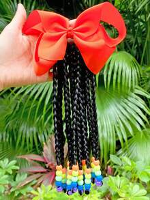 SprBuds 1pc Kids Braided Ponytail Hair Extension, Girls Ponytail With Beads Braids Hair Extension Detachable Synthetic Hairpieces With Bows Protective Easy Hairstyle For Girl Children Gift (Box-9inch) - Natural Black - View 5