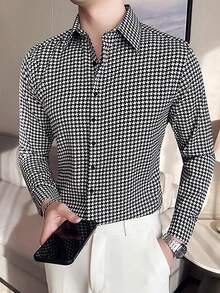男士欧美风户外千鸟格长袖衬衫，时尚 - 黑色 - 查看 3