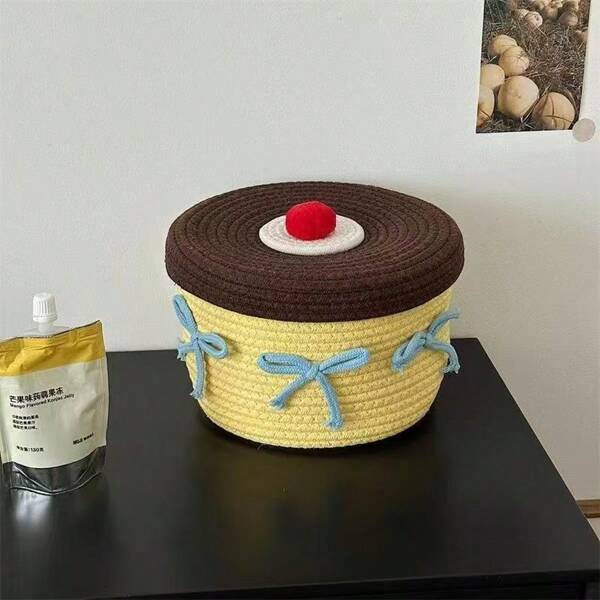 1 قطعة سلة تخزين مصنوعة يدويًا من القطن، صندوق تنظيم زخرفي كرتوني للوجبات الخفيفة ومستحضرات التجميل وطاولة المعيشة