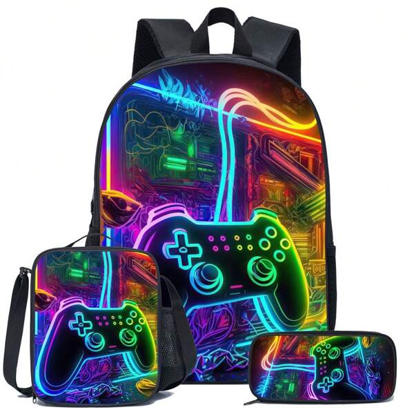 3pcs Game-Black/Neon/Colours Themed Backpack Set With Lunch Box & Pencil Case&Storage Bag - Durable Polyester, Lightweight, Fashionable Mixed Colors