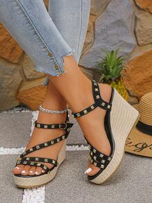 2026 New Plus Size Women's Wedge High Heel Sandals, Summer Rivet Hollow Design Fashion Roman Sandals, Comfortable High Heel Sandals Suitable For Casual And Party Wear - Black - View 6