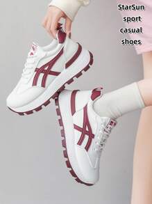 Women Leather Round Toe Lace-Up Platform Casual Sport Sneakers, Rubber Sole Waterproof Non-Slip Durable Lightweight Running Shoes, Versatile Daily Wear Casual Shoes For Spring Autumn