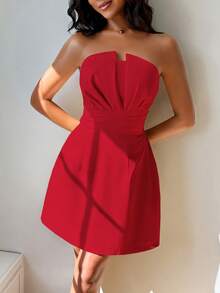女士优雅性感无肩带纯色连衣裙 夏季 - 紅色 - 查看 6