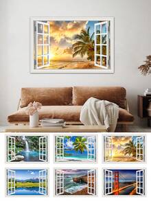 2 Pcs Removable Wall Murals Peel And Stick Waterfalls Window Scenes 3D Wall Sticker Vinyl Wallpaper Decorations For Bathroom Home Decor Art Stickers Personalised Stickers - Multicolor - View 2