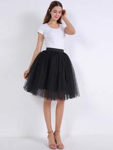 1 件女士纯色纯网眼覆盖褶皱 A 字中长飘逸薄纱裙，女士秋季服装 - 彩色 - 查看 10