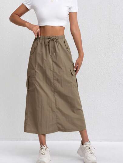 复古美式女式工装裙，轻薄透气面料，多个口袋，A字剪裁，高腰，开衩设计，时尚显瘦