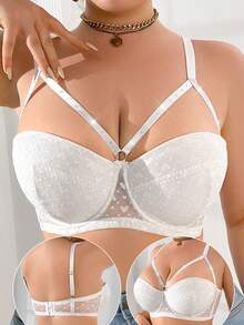 Lingerie confortable à empiècement en dentelle avec fermeture à crochet avant pour femmes grande taille - Blanc - Voir 1