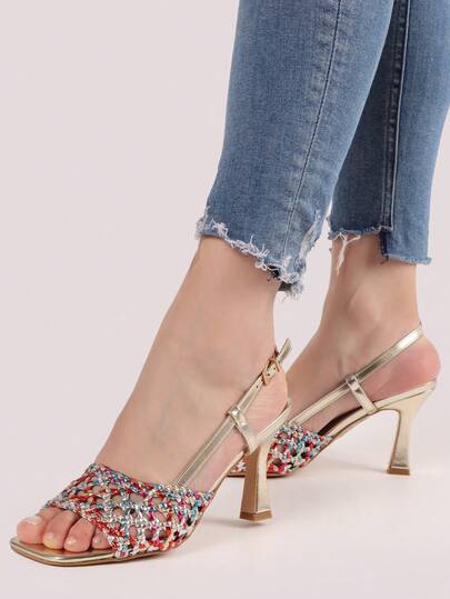 PU SANDAL WITH TWO-TONE WEAVING, 9CM HIGH HEEL Summer Sandals For Women