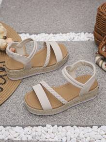 1 Pair Teen Girls Beige Sandals (Run Large One Size), Fashionable Square Toe Thick Sole Girls Beach Sandals, Comfortable Lightweight Summer Woven Rope Children Shoes, Suitable For School And Daily Wear