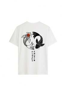 Women's Summer Casual Carp Print Pattern Round Neck Short Sleeve T-Shirt, Fashion Versatile Blouse - White - View 3