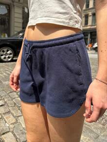 Women Y2K Low Rise Sweat Shorts Summer Wide Leg Mini Shorts Casual Basic Drawstring Lounge Shorts Going Out - Dark Blue - View 3