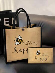 可爱蜜蜂手提包套装：轻便购物袋，带迷你零钱包。旅行化妆包：户外化妆的完美之选！送给母亲、老师、朋友的绝佳礼物，可用作便携休闲收纳袋、运动装饰包、礼品袋、化妆包、教师节礼物、可重复使用的化妆包。