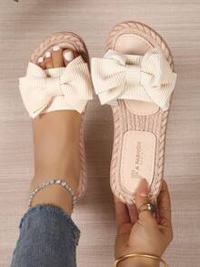 Damen Schleifen Sommer Strand Sandalen, weiche Sohle modische vielseitige rutschfeste Zehentrenner - Beige - Übersicht 3