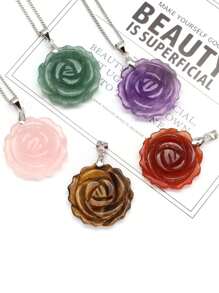 Natural Gemstone Carved Rose Flower Stone Pendant Amethyst Healing Crystal Necklace DIY Jewelry Bead Charm Women Valentine Gift