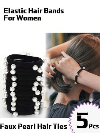 1Pc/3Pcs/5Pcs/10Pcs/20Pcs Faux Pearl Decor Seamless Black Hair Ties For Women, Hair Bobbles, Hair Ties, Hair Accessories, Soft Scrunchies, Multi-Functional Hair Styling Tools, Bun & Ponytail Holders, Elegant Elastic Rubber Bands, Suitable For Daily Life, Outdoor, Shower, Gift For Mom, Friends, Couples, Classmates ,Hair Rope