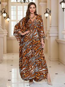 女士热带印花蝙蝠袖宽松波西米亚风V领睡袍