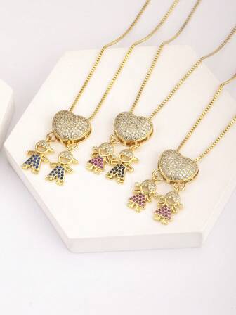1pc Colorful Zirconia 18k Gold Plated Copper Children Pendant Necklace, Luxury Jewelry Gift For Women, Valentine's Day