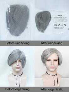 10 Inch Short Gray Straight Men's Cosplay Wig With Glasses, Eyebrows And Mustache, Grandfather Old Men Cosplay Wig For Holiday Party Wig For Men Anime Comic Cartoon Costume Cosplay Wig, Heat Resistant Premium Synthetic Wig High Temperature Fiber Hair With Bangs - Grey - View 7