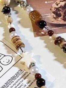 1 件装复古棕色豹纹猫珠手机链优质感短挂绳腕带串珠链相机吊坠女式