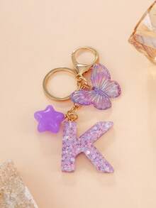 1 Pc Creative Key Chain With Letter Stone Resin Pendant, Butterfly Tassel Letter Keychain For Girl - Purple - View 35