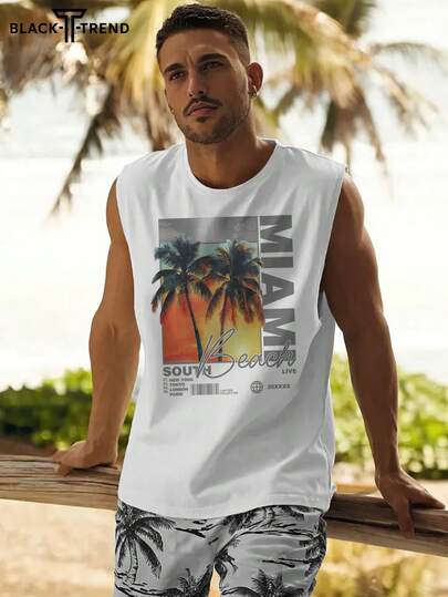 Men's Casual Palm Tree Pattern Printed Top, Paired With Casual Pants, Suitable For Travel/Vacation/Outdoor Camping/Sports