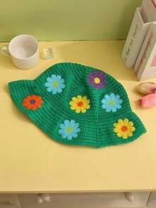 1pc Women's Cute Y2K Style Knitted Bucket Hat, Handmade Crochet Floral Pattern Hollow Decor Colorful Flower Patchwork, Sun Protection Outdoor Photography Fashion Daily Wear - Flowers - View 4