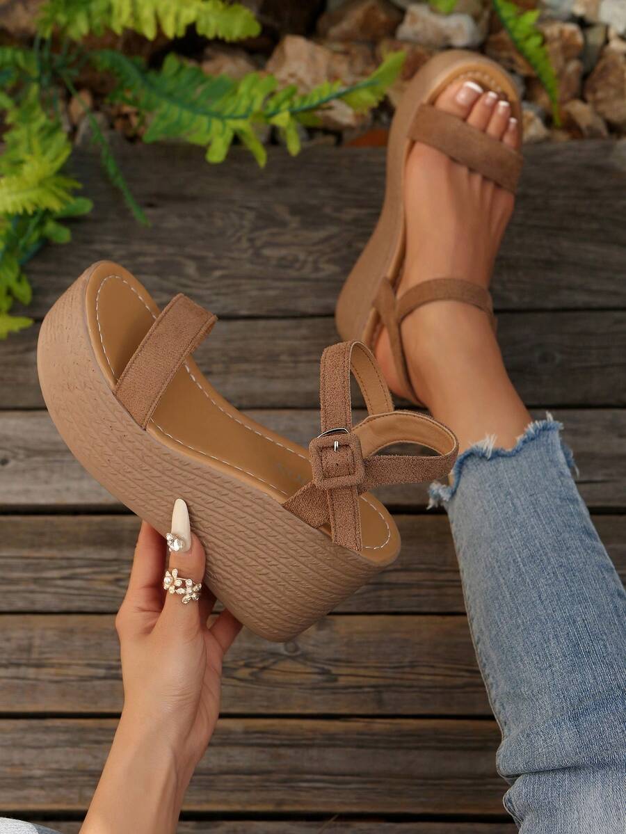 New Brown High Heel Sandals With Waterproof Platform, Open Toe Design, Non-Slip Sole And High Heel Slope, Perfect For Summer Outfits,Travel Essential - Brown - View 1