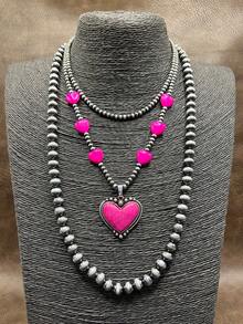1 套复古西式仿珍珠串珠 3 层链项链，带粉色/红色/蓝色/白色心形吊坠，适合女士/女孩搭配日常/派对服装，可作为送给家人/朋友/自己的珠宝礼物 - 波希米亞風 - 查看 10