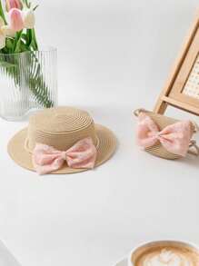 2pcs/Set Girl's Cute Ditsy Floral Bow Princess Sun Hat, Summer Shading Beach Hat Perfect For Daily & Outing