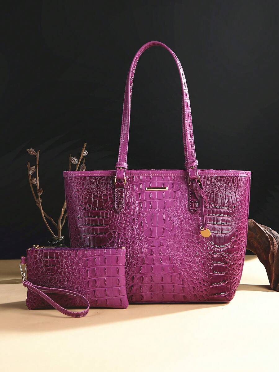 2pcs Crocodile Pattern Large Capacity Tote Bag - PU Leather Textured Shoulder Bag, Casual Versatile Commuter Bag With Clutch Purse - Màu tím - Xem 1