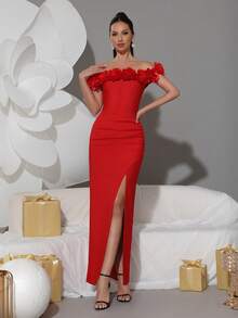 Modphy Nuevo vestido de tubo sólido y sexy con hombros descubiertos, confeccionado a mano con flores 3D, elegante para vacaciones, bodas, damas de honor, fiestas de cumpleaños, vestidos de noche formales, vestidos de fiesta, vestidos para invitados de boda - Rojo - Ver 6