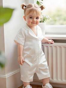 Infant Baby Girl Boy Silk Jumpsuit Pajamas Short Sleeve Button-Up Satin Pjs Footie Romper Pajama Nightgown - 白色 - 查看 3