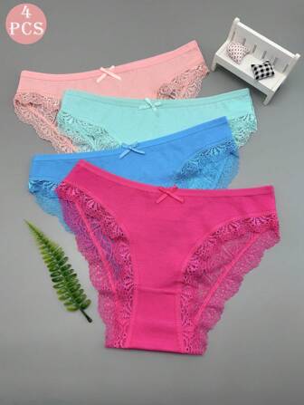 4pcs Sexy Lace Trim Breathable Hollow-Out Bikini Panties