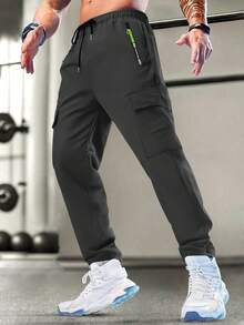男士休闲运动工装裤，带拉链腰带，印花拉链口袋，实用口袋，轻便，适合春夏季，适合户外跑步和训练 - 黑色 - 查看 2