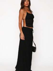 Women 2-Piece Summer Outfits Solid Color Backless Halter Tops And Drawstring Skirt Set For Streetwear Aesthetic Clothes - Black - View 4
