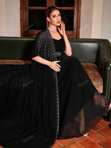 Kexmon Elegant V-Neck Rhinestone Embellishment Chiffon Two-Piece Elegant Arabic Style Long Dress