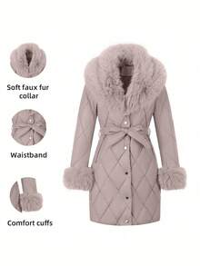 Chaqueta acolchada para mujer Risissida para exteriores con cuello de piel sintética, cinturón con ribete - Abrigo acolchado minimalista largo para otoño e invierno