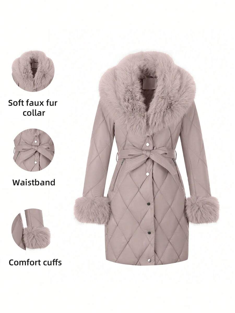 Chaqueta acolchada para mujer Risissida para exteriores con cuello de piel sintética, cinturón con ribete - Abrigo acolchado minimalista largo para otoño e invierno