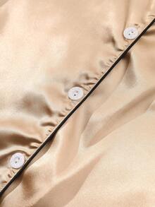 女士缎面蝴蝶刺绣短袖纽扣衬衫短裤睡衣套装（2件套），夏季休闲睡衣 - 香檳色 - 查看 6